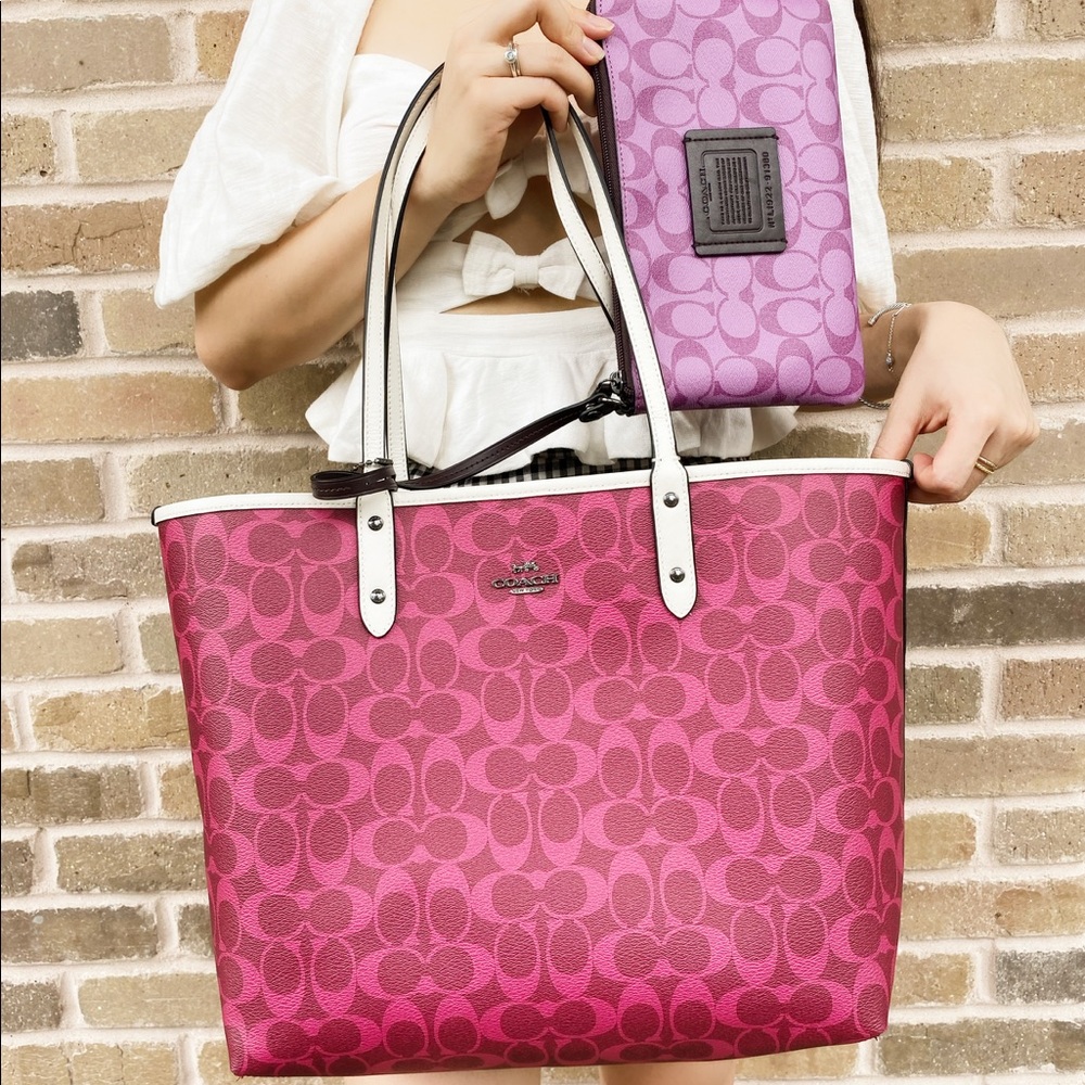 Coach reversible tote pink purple green pouch - Picture 2 of 4